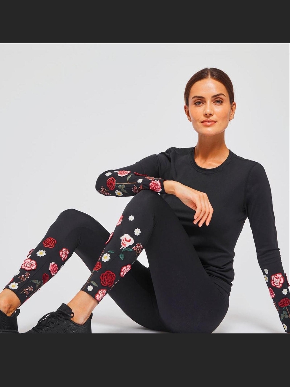 Black Long Sleeve Tee with Floral Embroidered Sleeves